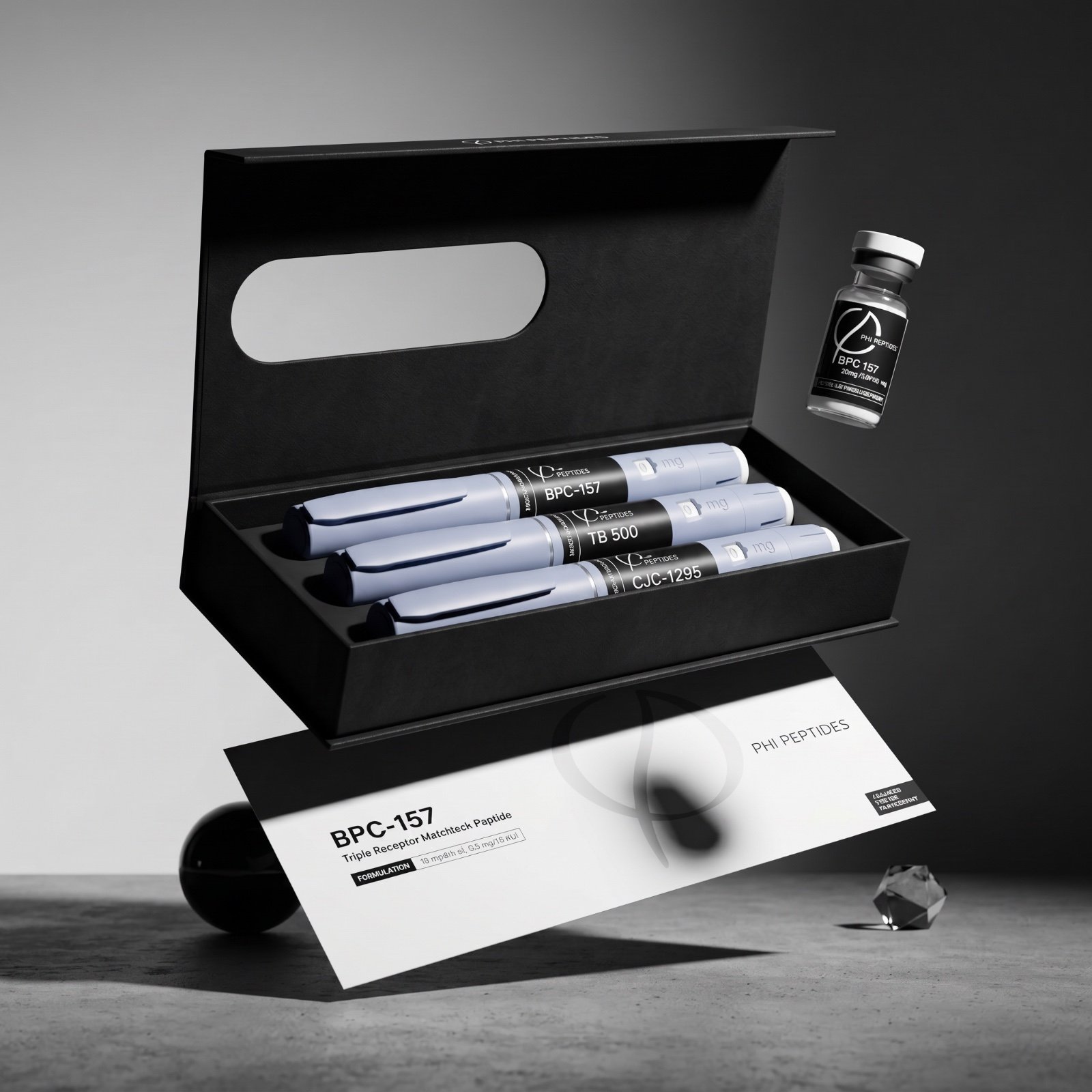 PHI Peptides presentation case with BPC-157, TB 500 and CJC-1295